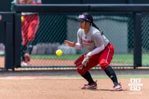 Nebraska Cornhusker infielder Katelyn Caneda (66) fields the ball during practice for the first round of the NCAA Championships on Thursday, May 14, 2026, in Lincoln, Neb. Photo by John S. Peterson.