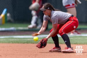 Nebraska Cornhusker infielder Ava Kuszak (7) fields the ball during practice for the first round of the NCAA Championships on Thursday, May 14, 2026, in Lincoln, Neb. Photo by John S. Peterson.