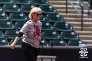 Nebraska Cornhusker head coach Rhonda Revelle watches the action during practice for the first round of the NCAA Championships on Thursday, May 14, 2026, in Lincoln, Neb. Photo by John S. Peterson.