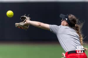 Nebraska Cornhusker outfielder Alina Felix (26) makes catch during practice for the first round of the NCAA Championships on Thursday, May 14, 2026, in Lincoln, Neb. Photo by John S. Peterson.