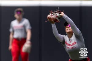 Nebraska Cornhusker outfielder Natalia Hill (27) makes a catch during practice for the first round of the NCAA Championships on Thursday, May 14, 2026, in Lincoln, Neb. Photo by John S. Peterson.