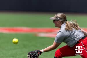 Nebraska Cornhusker outfielder Kacie Hoffmann (14) makes a catch during practice for first round of the NCAA Championships on Thursday, May 14, 2026, in Lincoln, Neb. Photo by John S. Peterson.