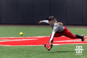 Nebraska Cornhusker outfielder Hannah Coor (23) chases down a ball during practice for the first round of the NCAA Championships on Thursday, May 14, 2026, in Lincoln, Neb. Photo by John S. Peterson.