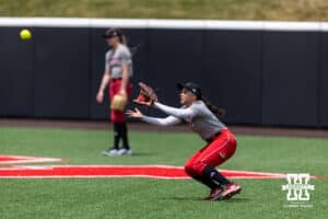 Nebraska Cornhusker outfielder Kennadi Williams (15) makes a catch during practice for the first round of the NCAA Championships on Thursday, May 14, 2026, in Lincoln, Neb. Photo by John S. Peterson.