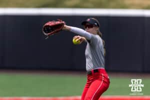 Nebraska Cornhusker outfielder Hannah Coor (23) throws the ball during practice for the first round of the NCAA Championships on Thursday, May 14, 2026, in Lincoln, Neb. Photo by John S. Peterson.