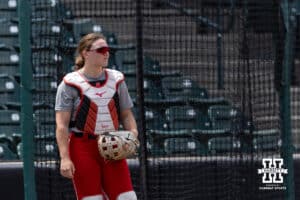 Nebraska Cornhusker catcher Carlie Muhlbach (72) during practice for the first round of the NCAA Championships on Thursday, May 14, 2026, in Lincoln, Neb. Photo by John S. Peterson.