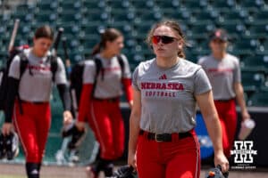 Nebraska Cornhusker catcher Carlie Muhlbach (72) walks to the dugout during practice for the first round of the NCAA Championships on Thursday, May 14, 2026, in Lincoln, Neb. Photo by John S. Peterson.