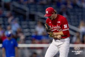 Nebraska Cornhusker pitcher Ryan Harrahill (35) celebrates a strikeout to finish the seventh inning against the Creighton Bluejays during a college baseball game on Tuesday, May 12, 2026, in Omaha, Neb. Photo by John S. Peterson.