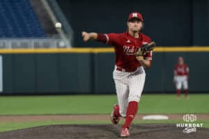 Nebraska Cornhusker Brendan Strenke (35) pitches during a college baseball game on May 12, 2026, in Omaha, Nebraska. Photo by Brandon Tiedemann.