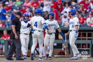 Creighton Bluejay Teddy Deters (4) celebrates his home run with Nate McHugh, Ben North, and Lew Rice in the sixth inning against the Nebraska Cornhuskers during a college baseball game on Tuesday, May 12, 2026, in Omaha, Neb. Photo by John S. Peterson.