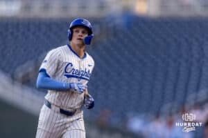 Creighton Bluejay Teddy Deters (4) jogs around the bases after hitting a home run against the Nebraska Cornhuskers in the sixth inning during a college baseball game on Tuesday, May 12, 2026, in Omaha, Neb. Photo by John S. Peterson.