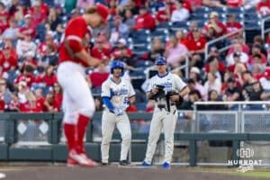 Creighton Bluejay Nate McHugh (5) hits a single in the sixth inning against the Nebraska Cornhuskers during a college baseball game on Tuesday, May 12, 2026, in Omaha, Neb. Photo by John S. Peterson.