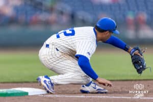 Creighton Bluejay first baseman Chris Baillargeon (22) forces out Nebraska Cornhusker catcher Jeter Worthley (0) at first in the fifth inning during a college baseball game on Tuesday, May 12, 2026, in Omaha, Neb. Photo by John S. Peterson.