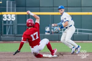 Creighton Bluejay Ben North (11) looks to turn two during a college baseball game on May 12, 2026, in Omaha, Nebraska. Photo by Brandon Tiedemann.