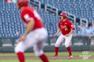 Nebraska Cornhusker Max Buettenback (11) and Josh Overbeek (4) leading off against the Creighton Bluejays in the fifth inning during a college baseball game on Tuesday, May 12, 2026, in Omaha, Neb. Photo by John S. Peterson.