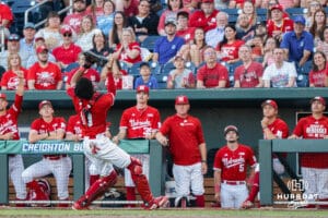 Nebraska Cornhusker Jeter Worthley (0) catches a foul ball during a college baseball game on May 12, 2026, in Omaha, Nebraska. Photo by Brandon Tiedemann.