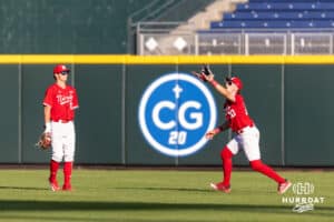 Nebraska Cornhusker outfielder Drew Grego (10) makes a catch for an out in the fourth inning against the Creighton Bluejays during a college baseball game on Tuesday, May 12, 2026, in Omaha, Neb. Photo by John S. Peterson.