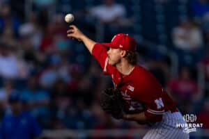 Nebraska Cornhusker pitcher Cooper Katskee (19) throws a pitch in the fourth inning against the Creighton Bluejays during a college baseball game on Tuesday, May 12, 2026, in Omaha, Neb. Photo by John S. Peterson.