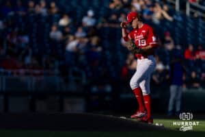 Nebraska Cornhusker pitcher Cooper Katskee (19) takes the mound in the fourth inning against the Creighton Bluejays during a college baseball game on Tuesday, May 12, 2026, in Omaha, Neb. Photo by John S. Peterson.
