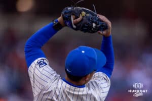 Creighton Bluejay first baseman Chris Baillargeon (22) makes a catch for an out in the second inning against the Nebraska Cornhuskers during a college baseball game on Tuesday, May 12, 2026, in Omaha, Neb. Photo by John S. Peterson.