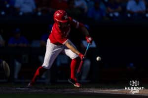 Nebraska Cornhusker Rhett Stokes (9) SAC bunt advancing Jett Buck to third against the Creighton Bluejays in the second inning during a college baseball game on Tuesday, May 12, 2026, in Omaha, Neb. Photo by John S. Peterson.