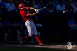 Nebraska Cornhusker Jett Buck (1) hits for a double against the Creighton Bluejays in the second inning during a college baseball game on Tuesday, May 12, 2026, in Omaha, Neb. Photo by John S. Peterson.