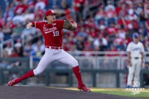 Nebraska Cornhusker pitcher Cooper Katskee (19) throws a pitch in the first inning during a college baseball game on Tuesday, May 12, 2026, in Omaha, Neb. Photo by John S. Peterson.