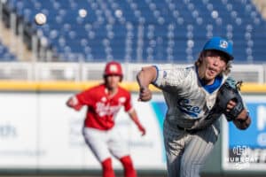 Creighton Bluejay Ian Koosman (24) pitches during a college baseball game on May 12, 2026, in Omaha, Nebraska. Photo by Brandon Tiedemann.