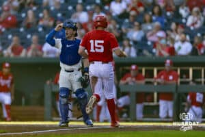 Nebraska Cornhusker Jeter Worthley (0) scores a run against the Creighton Bluejays in the first inning during a college baseball game on Tuesday, May 12, 2026, in Omaha, Neb. Photo by John S. Peterson.