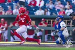 Nebraska Cornhusker Jeter Worthley (0) hits a single in the first inning against the Creighton Bluejays during a college baseball game on Tuesday, May 12, 2026, in Omaha, Neb. Photo by John S. Peterson.