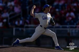 Creighton Bluejay utility Brian Gould (23) throws a pitch against the Nebraska Cornhuskers during a college baseball game on Tuesday, May 12, 2026, in Omaha, Neb. Photo by John S. Peterson.