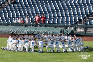 The Creighton Bluejays huddle before a college baseball game on May 12, 2026, in Omaha, Nebraska. Photo by Brandon Tiedemann.