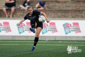Omaha Marian's Skylar Farley (13) scores during the girls' Class A soccer match against Lincoln Southeast on Monday, May 11, 2026, in Omaha, Nebraska. Photo by Jackson D. Luethje.