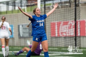 Kearney's Hallie Garner (14) celebrates a goal during the girls' Class A soccer match against Millard South on Monday, May 11, 2026, in Omaha, Nebraska. Photo by Jackson D. Luethje.