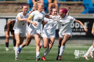 Elkhorn South's Blu Keiper (10) celebrates a goal during the girls' Class A quarter-final soccer match against Bellevue West on Monday, May 11, 2026, in Omaha, Nebraska. Photo by Jackson D. Luethje.