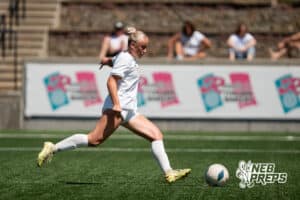 Elkhorn South's Gabby Wagenfuhr (1) scores a penalty kick during the girls' Class A quarter-final soccer match against Bellevue West on Monday, May 11, 2026, in Omaha, Nebraska. Photo by Jackson D. Luethje.