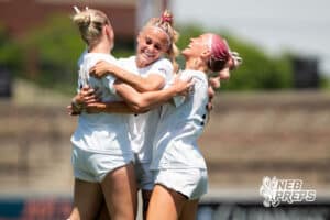 Elkhorn South's Gabby Wagenfuhr (1) celebrates a goal with Blu Keiper (10) and Alaina Brown (2) during the girls' Class A quarter-finals soccer game against Bellevue West on Monday, May 11, 2026, in Omaha, Nebraska. Photo by Jackson D. Luethje.