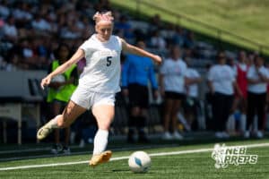 Elkhorn South's Aubrey Marsh (5) passes during the girls' Class A quarter-finals soccer match vs Bellevue West on Monday, May 11, 2026, in Omaha, Nebraska. Photo by Jackson D. Luethje.