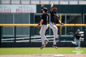Georgetown’s AJ Solomon (42) and Connor Peek (15) celebrates win during a college baseball game vs Creighton Sunday, May 10, 2026, in Omaha, Nebraska. Photo by Jackson D. Luethje.