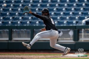 Georgetown’s Ashton Seymore (18) streaches during a college baseball game vs Creighton on Sunday, May 10, 2026, in Omaha, Nebraska. Photo by Jackson D. Luethje.