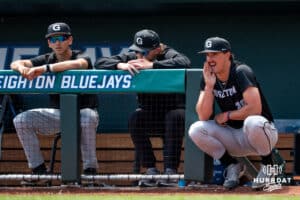 Gerogetown player cheers on team during a college baseball game vs Creighton Sunday, May 10, 2026, in Omaha, Nebraska. Photo by Jackson D. Luethje.