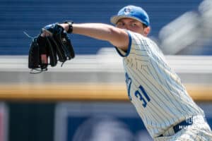 Creighton Bluejay Jimmy Burke (31) pitches during a college baseball game vs Georgetown on Sunday, May 10, 2026, in Omaha, Nebraska. Photo by Jackson D. Luethje.