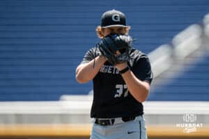 Gerogetown’s Max Whitmer (37) pitches during a college baseball game vs Creighton on Sunday, May 10, 2026, in Omaha, Nebraska. Photo by Jackson D. Luethje.