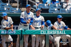 Creighton bench celebrates during a college baseball game vs Georgetown on Sunday, May 10, 2026, in Omaha, Nebraska. Photo by Jackson D. Luethje.