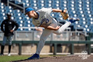 Creighton Bluejay Wilson Magers (33) pitches during a college baseball game vs Georgetown on Sunday, May 10, 2026, in Omaha, Nebraska. Photo by Jackson D. Luethje.