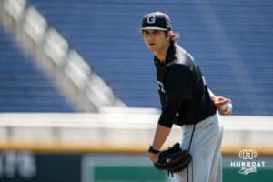 Georgetown’s Jack Volo (3) pitches during a college baseball game vs Creighton on Sunday, May 10, 2026, in Omaha, Nebraska. Photo by Jackson D. Luethje.