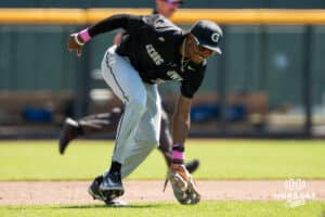 Georgetown’s Jeremy Sheffield (36) fields during a college baseball game vs Creighton on Sunday, May 10, 2026, in Omaha, Nebraska. Photo by Jackson D. Luethje.