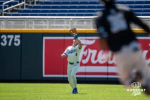 Creighton Bluejay Teddy Deters (4) catches flyball from Georgetown’s Jeremy Sheffield (36) during a college baseball game Sunday, May 10, 2026, in Omaha, Nebraska. Photo by Jackson D. Luethje.