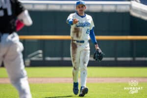 Creighton Bluejay Rocco Gump (15) defends a bunt during a college baseball game vs Georgetown on Sunday, May 10, 2026, in Omaha, Nebraska. Photo by Jackson D. Luethje.