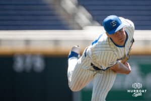 Creighton Bluejay Wilson Magers (33) pitches during a college baseball game vs Georgetown on Sunday, May 10, 2026, in Omaha, Nebraska. Photo by Jackson D. Luethje.